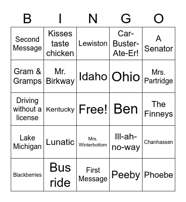 Walk Two Moons Bingo Card