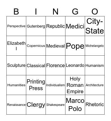 Renaissance Vocabulary Bingo Card