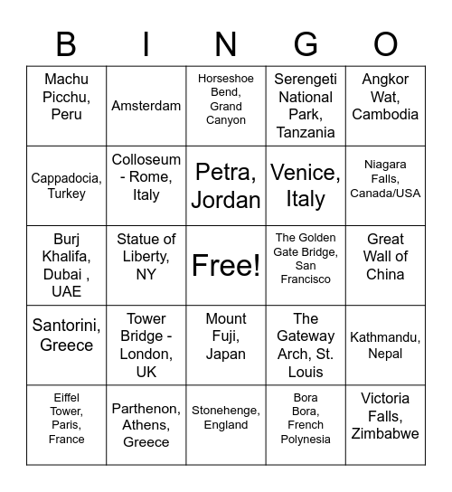 World Tourist Destinations Bingo Card