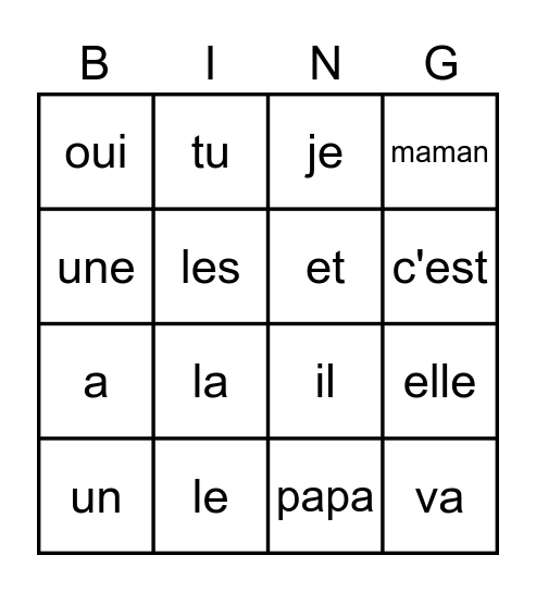 Les mots français Bingo Card