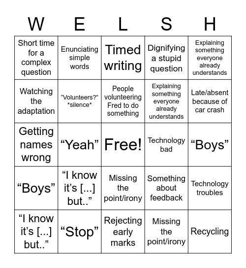 Welsh Bongo Bingo Card