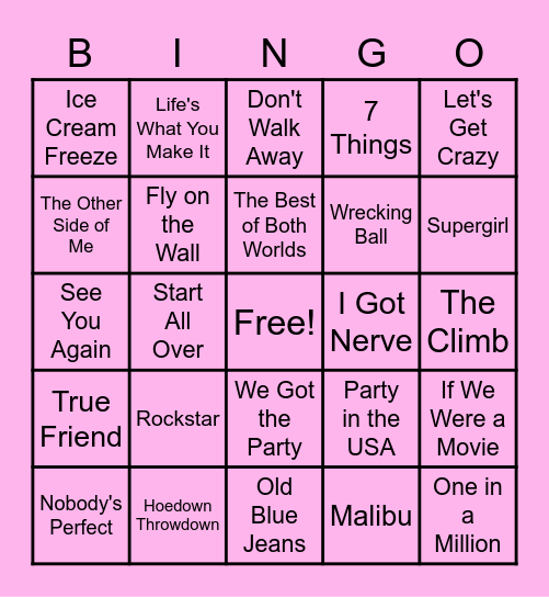 Miley Cyrus/Hannah Montana Bingo Card