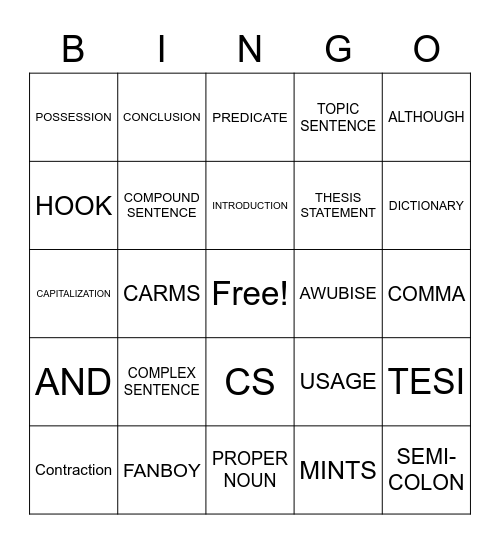 WRITING REVIEW Bingo Card