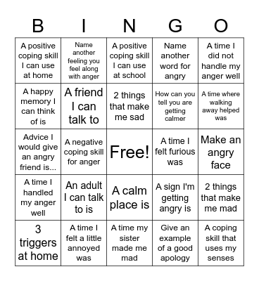 Anger Bingo Card
