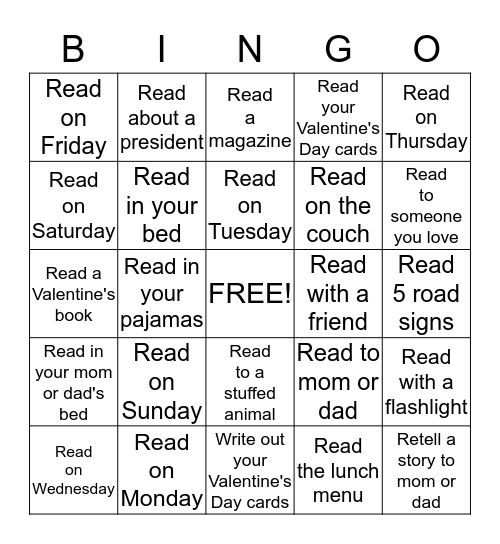 February Bingo - 15 minutes per box Bingo Card