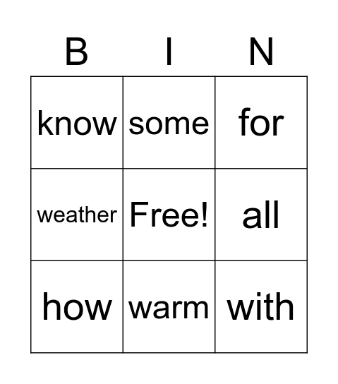 Sight Words Bingo Card