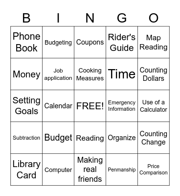 Life Skills Bingo Card