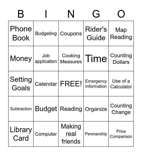 Life Skills Bingo Card