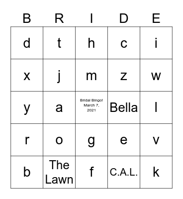 Bridal Bingo! Bingo Card