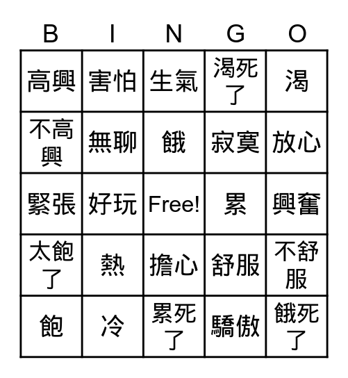 Emotions and feelings Bingo Card