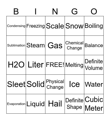 States Of Matter: Focus Water Bingo Card
