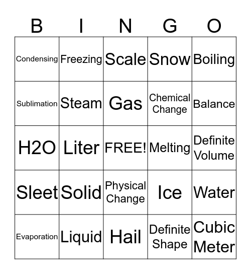 States Of Matter: Focus Water Bingo Card