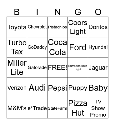 Super Bowl Commercial BINGO Card