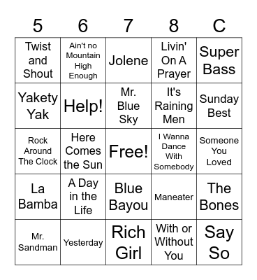 Songs Bingo Card