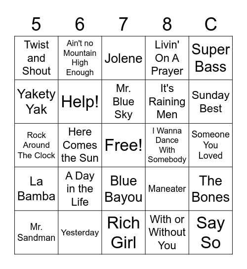 Songs Bingo Card