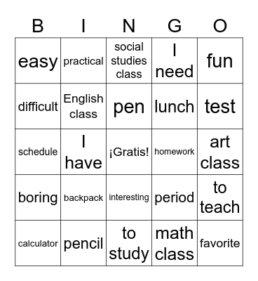 U2A Vocabulario Bingo Card