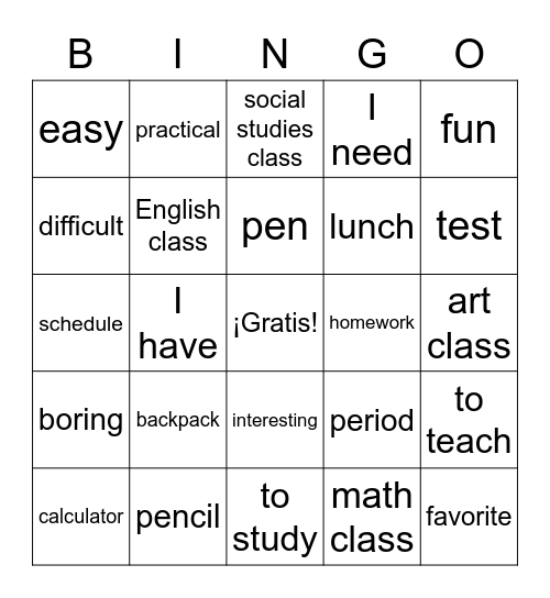 U2A Vocabulario Bingo Card