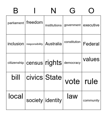 Civics and citizenship Bingo Card