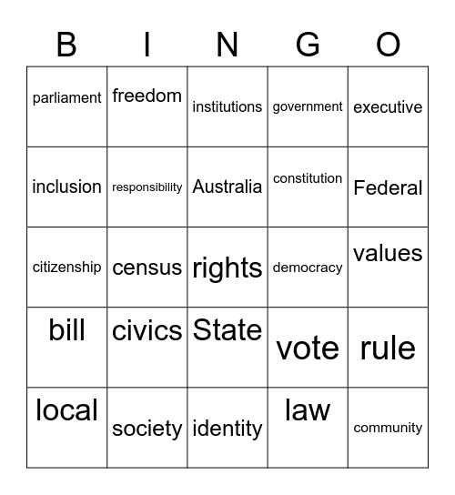 Civics and citizenship Bingo Card