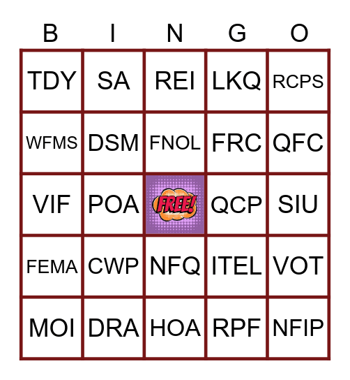 Acronyms used in Property.. Bingo Card