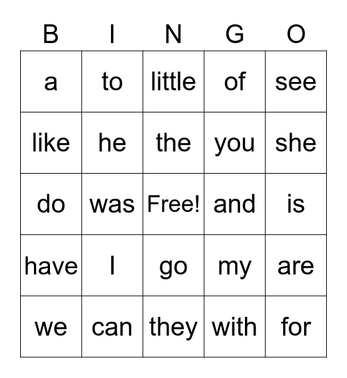 Sight Word Bingo Card