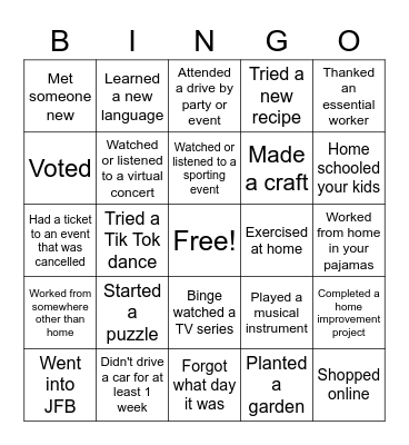 Quarantine Bingo Card