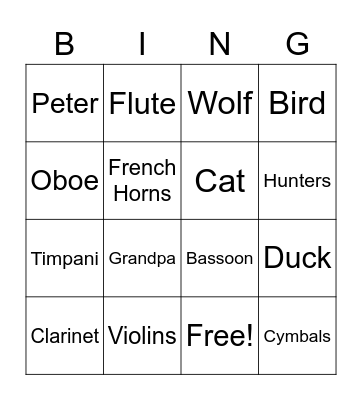 Peter and the Wolf Bingo Card