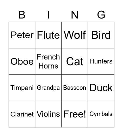 Peter and the Wolf Bingo Card