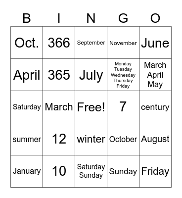 Days & Months Bingo Card