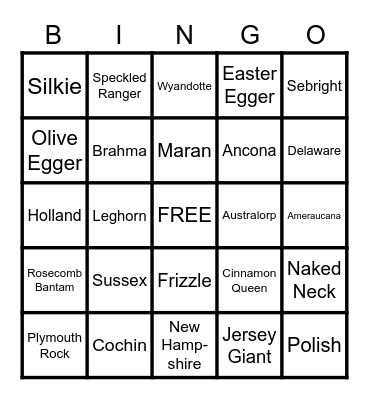 Chicken Breeds Bingo Card