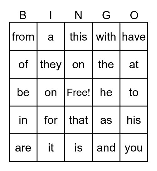 List 1 Words Bingo Card