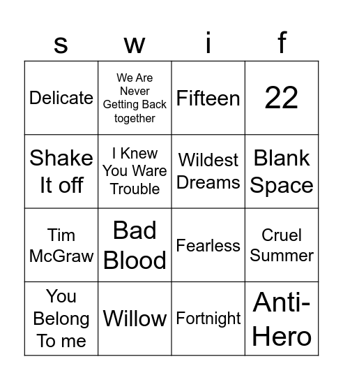 Taylor Bingo Card
