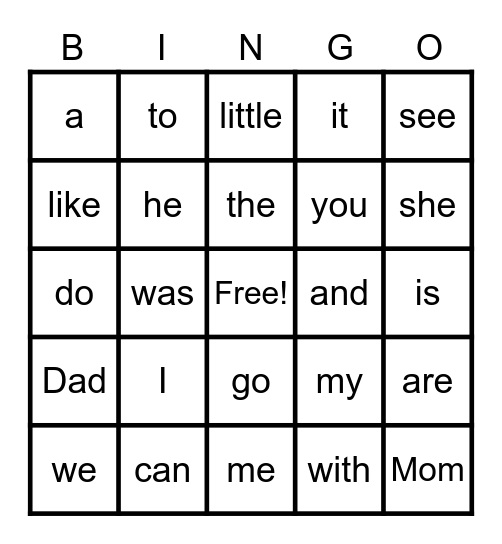 Sight WordsI Bingo Card