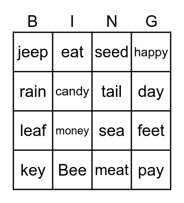 long e Bingo Card