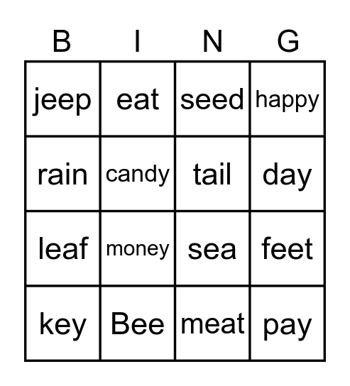 long e Bingo Card