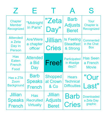 Zeta Day "Midnight in Paris" Bingo Card