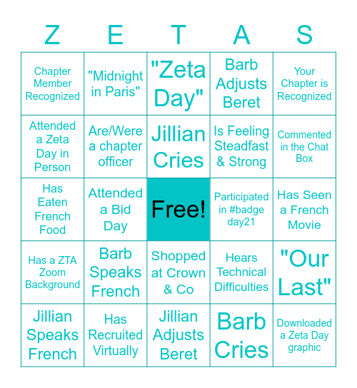 Zeta Day "Midnight in Paris" Bingo Card