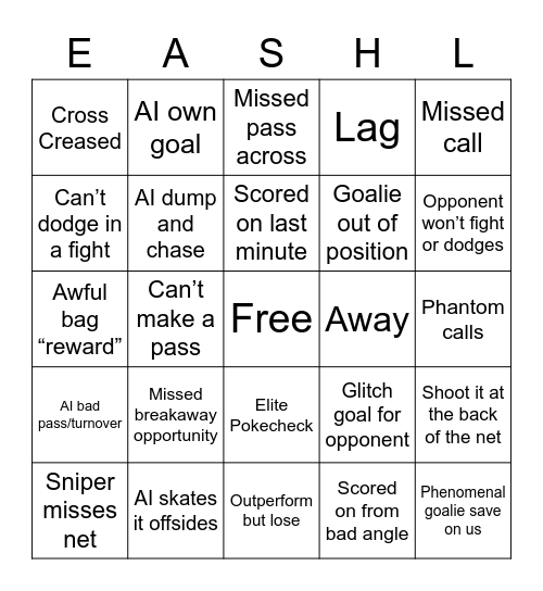 EASHL Bingo Card