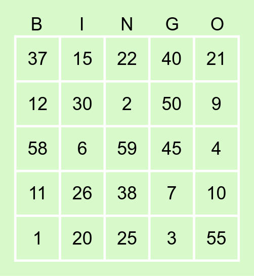 Numbers 1-59 Bingo Card