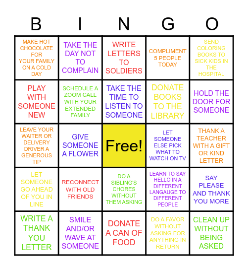 Ways to be Kind Bingo Card