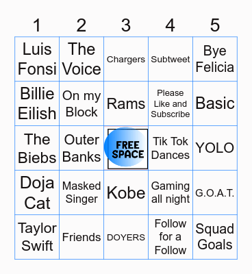 TEEN POP CULTURE Bingo Card