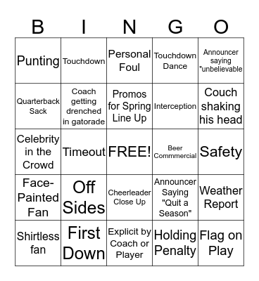 Super Bowl BINGO Card