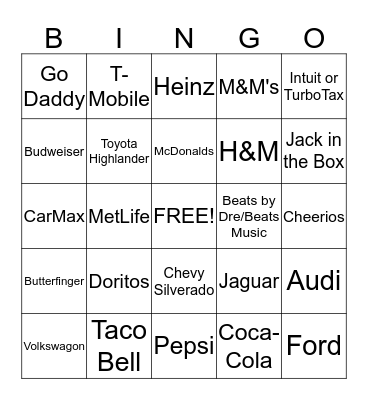 Super Bowl Commercials Bingo Card