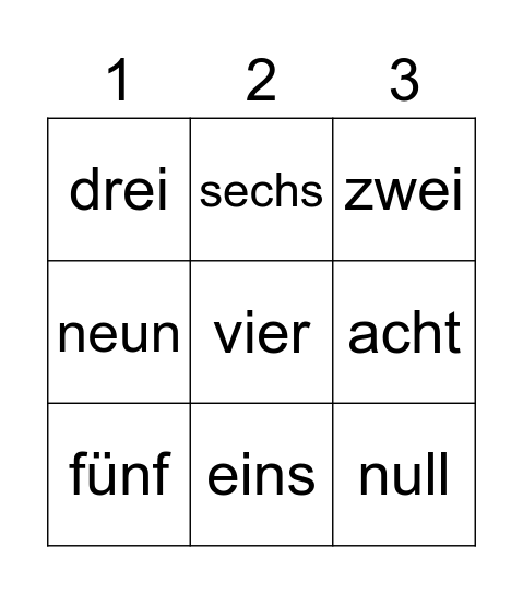 German Numbers 1 - 9 Bingo Card