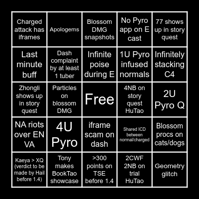 HuTao Launch Bingo Card