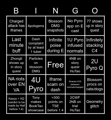 HuTao Launch Bingo Card