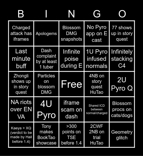 HuTao Launch Bingo Card