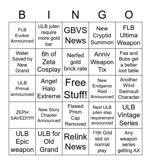 GBF Anniversary Stream Bingo Card