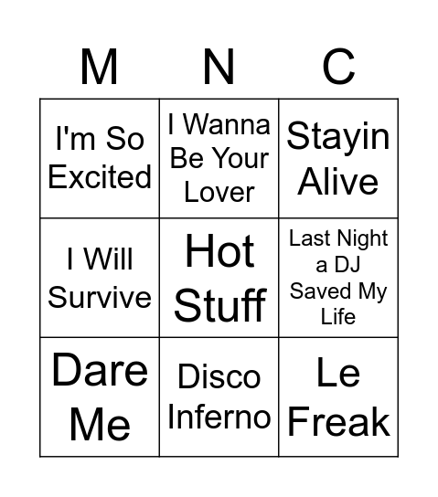 MNC Music Bingo - Disco Fever Bingo Card