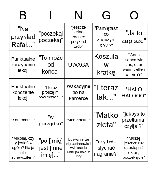 Piznal themed bingo Card